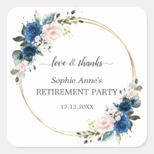 Blue Pink Floral Gold Retirement Celebration Square Sticker