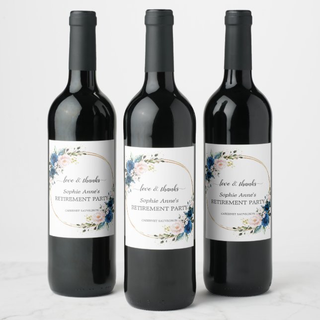 Blue Pink Floral Gold Retirement Celebration Wine Label (Bottles)