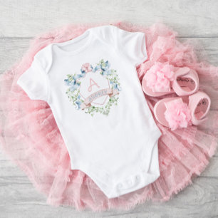Blue & Pink Floral Grandmillennial Monogram Crest  Baby Bodysuit