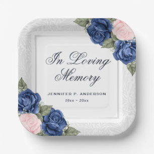 Blue Pink Floral In Loving Memory Funeral Memorial Paper Plate