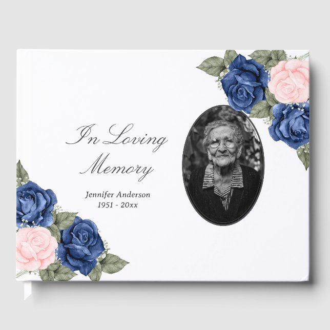 Blue Pink Floral In Loving Memory Funeral Photo Guest Book (Front)