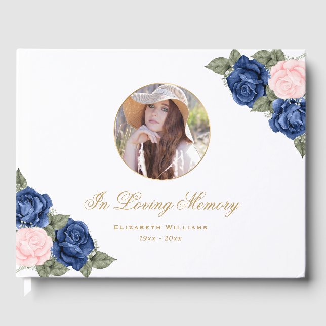 Blue Pink Floral In Loving Memory Funeral Photo Guest Book (Front)