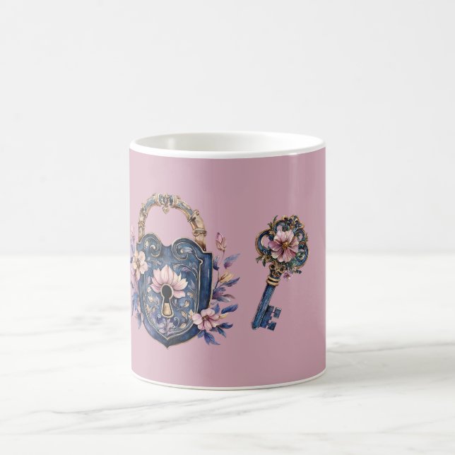 Blue Pink Floral Lock & Key Coffee Mug (Center)