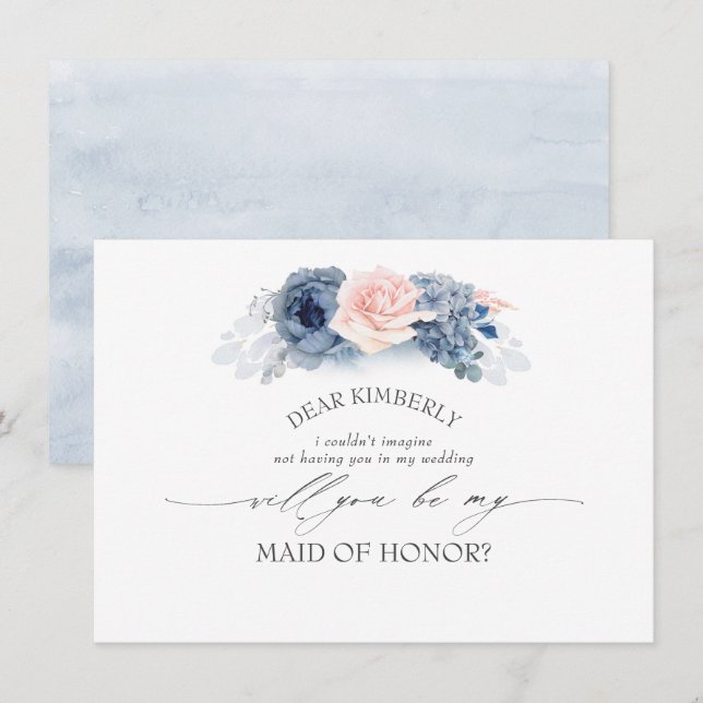 Blue Pink Floral Maid of Honour/Bridesmaid Proposa Invitation (Front/Back)
