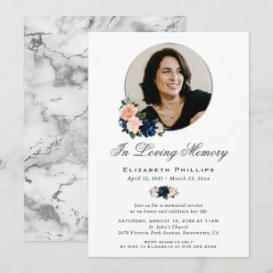 Blue Pink Floral Marble Photo Memorial Funeral Invitation