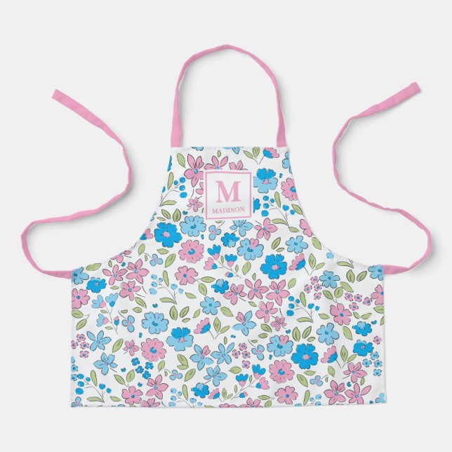 Blue Pink Floral Monogram Apron (Front)