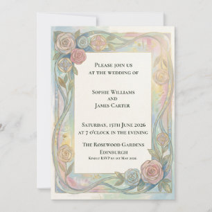 Blue Pink Floral Nouveau Wedding Invitation