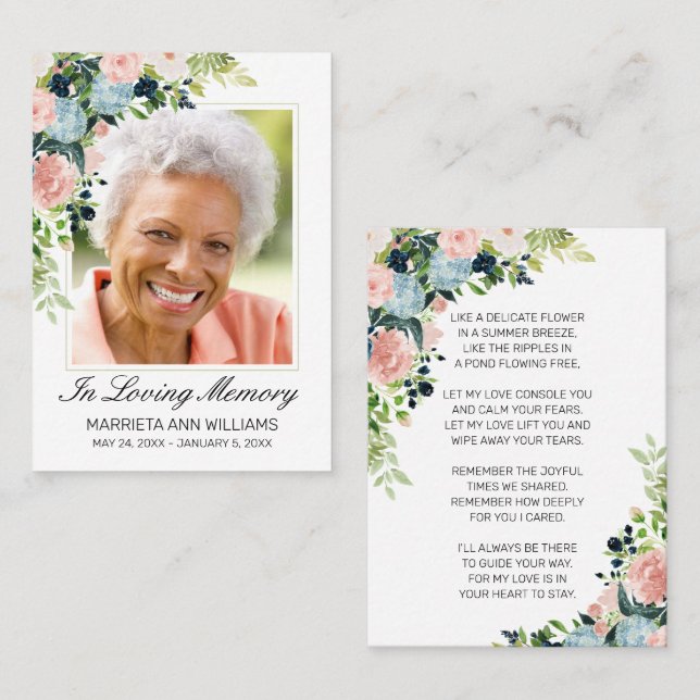 Blue Pink Floral Photo Memorial Funeral Card (Front/Back)