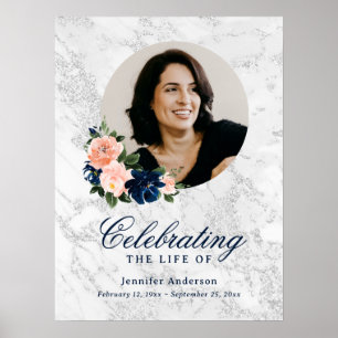 Blue Pink Floral Photo Memorial Funeral Sign