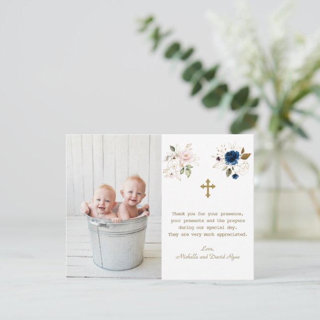 Blue Pink Floral Photo Twins Gold Cross Baptism  Thank You Card (Standing Front)