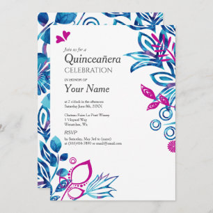 Blue, Pink Floral Quinceañera Invitation