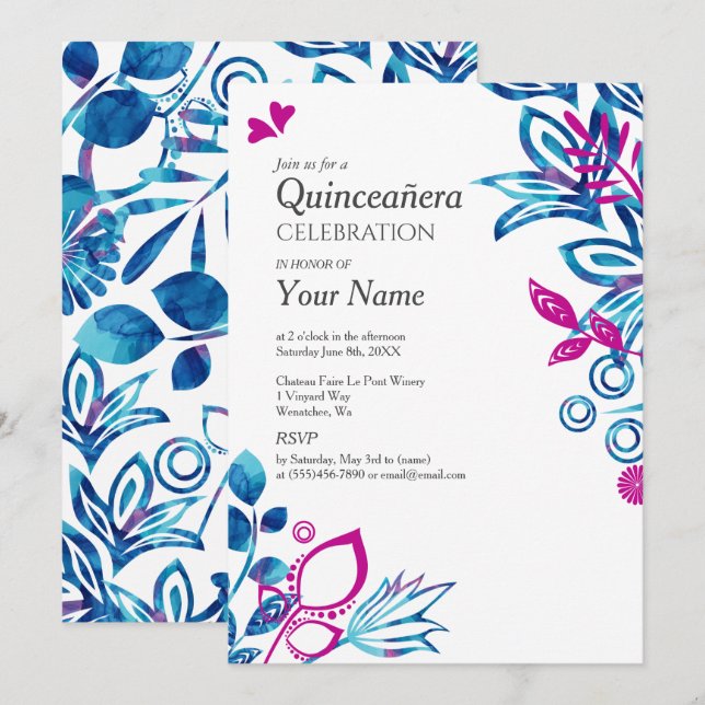 Blue, Pink Floral Quinceañera Invitation (Front/Back)