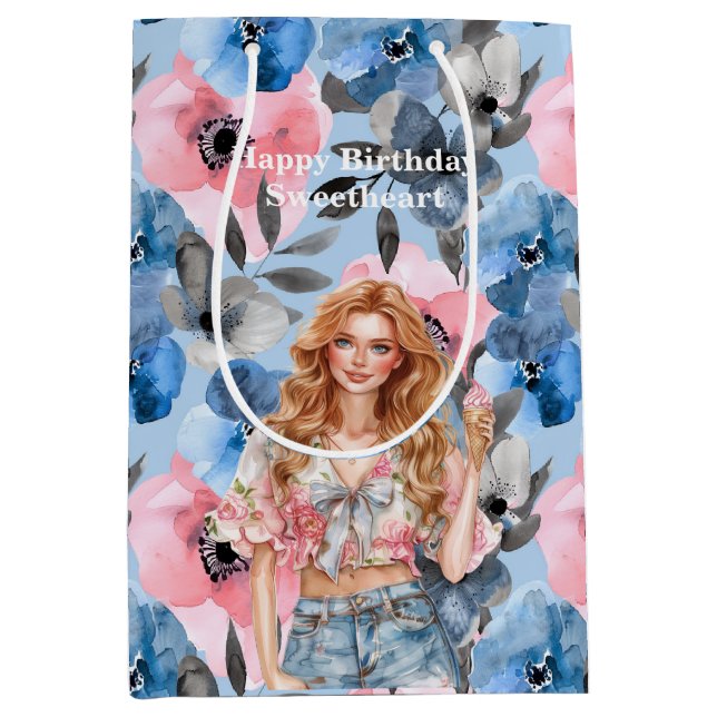 Blue Pink Floral Red Hair Girl Birthday Medium Gift Bag (Front)