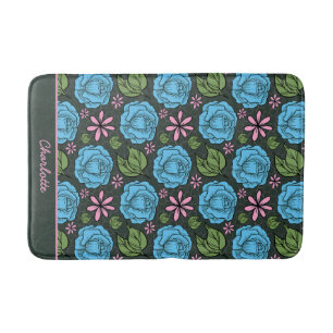 Blue pink floral seamless pattern personalised bath mat