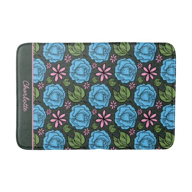 Blue pink floral seamless pattern personalised  bath mat (Front)