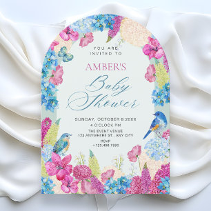 Blue pink floral spring garden baby shower invitation