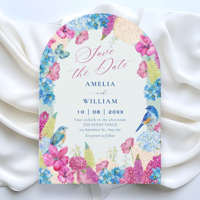 Blue pink floral spring garden save the date (Creator Uploaded)