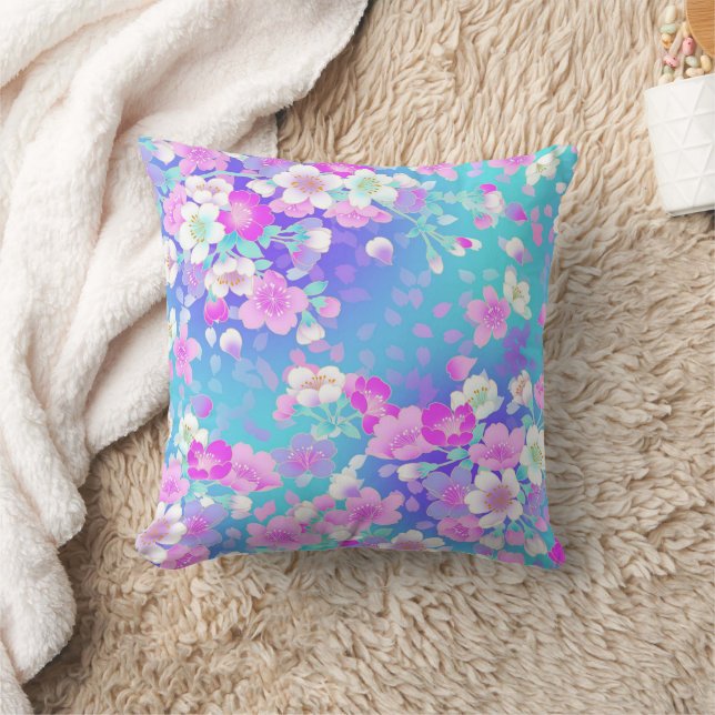 Blue Pink Floral Throw Pillow (Blanket)