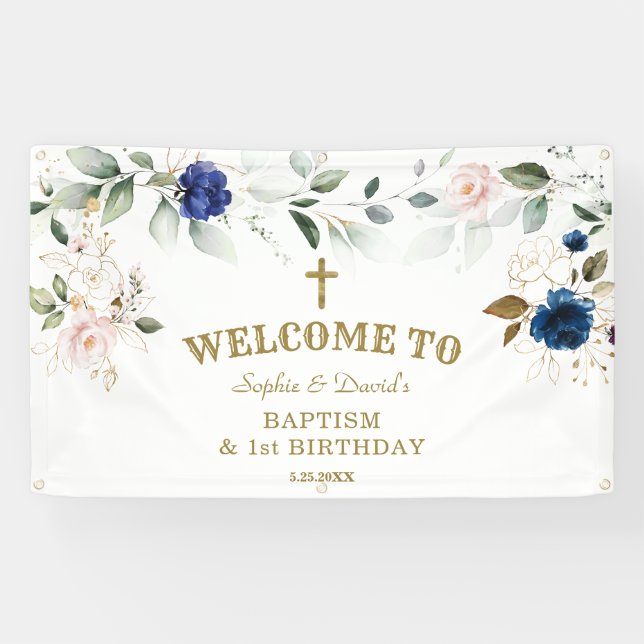 Blue Pink Floral Twins First Birthday Welcome Sign (Horizontal)