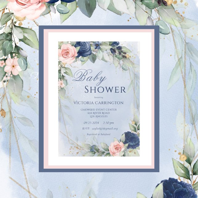 Blue & Pink Floral Watercolor Baby Shower Invitation (Creator Uploaded)