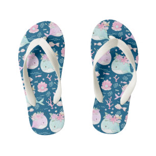 Blue Pink Floral Whales Kid's Flip Flops