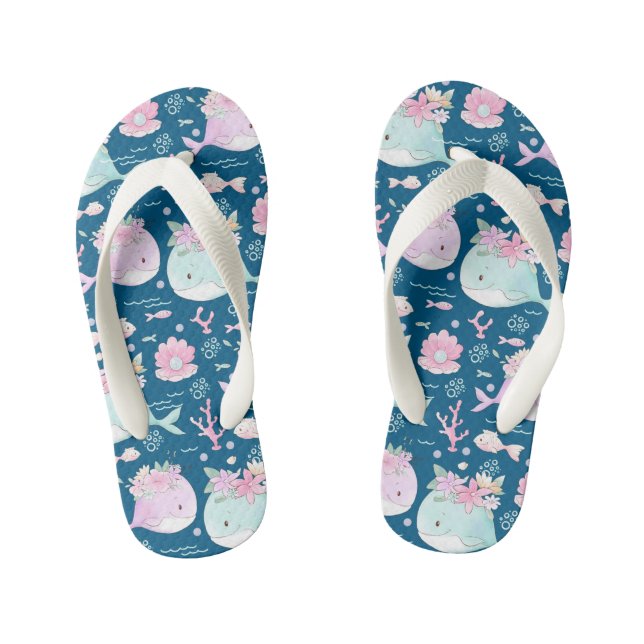 Blue Pink Floral Whales Kid's Flip Flops (Footbed)