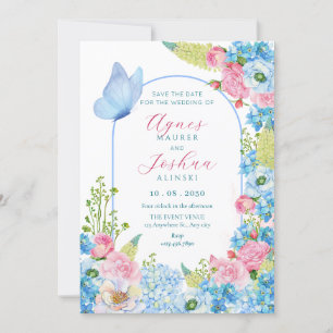 Blue pink flower bloom butterfly wedding  invitation