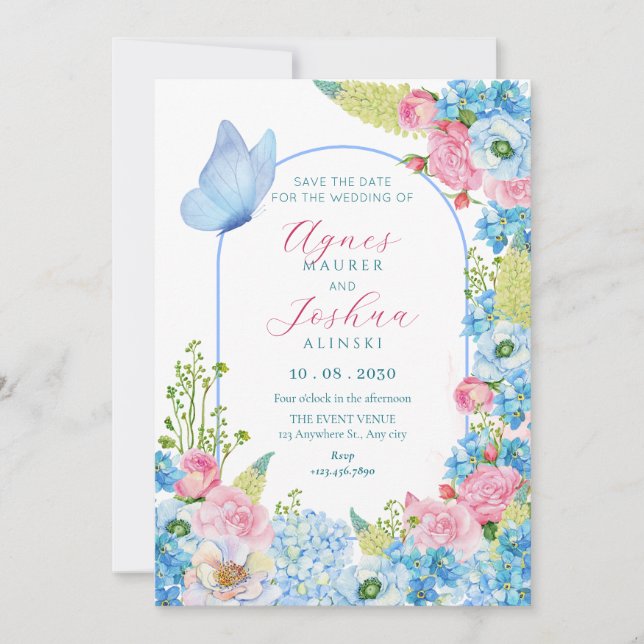 Blue pink flower bloom butterfly wedding  save the date (Front)
