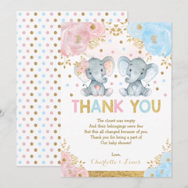 Blue Pink Flower Elephant Boy Girl Baby Shower Thank You Card (Front/Back)