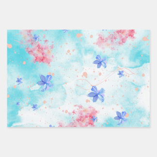 Blue pink flower pattern decoupage elegant wrapping paper sheet