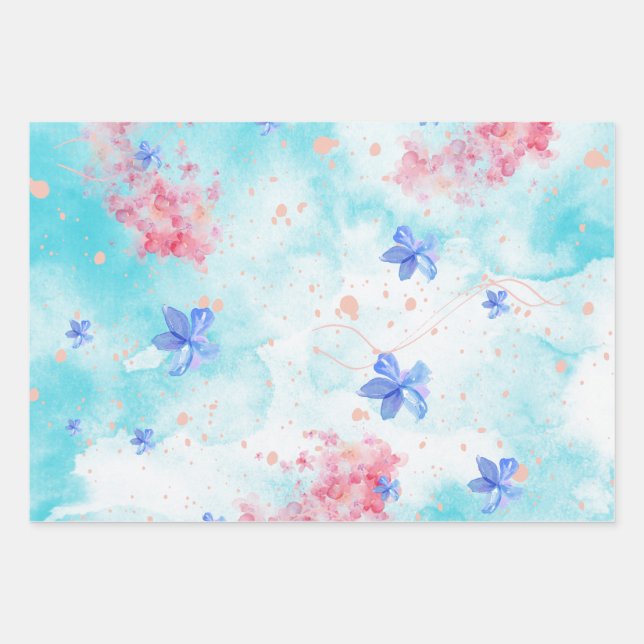 Blue pink flower pattern decoupage elegant wrapping paper sheet (Front)