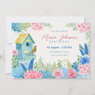 Blue pink flowers bird birthday  invitation