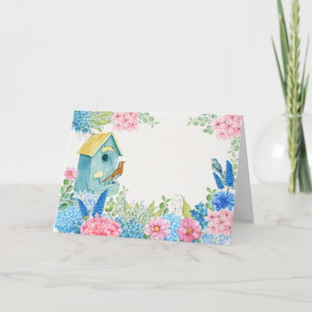 Blue pink flowers bird card (Front)