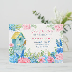 Blue pink flowers bird wedding save the date