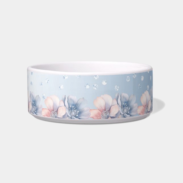 Blue Pink Flowers Ceramic Pet Bowl (Front)