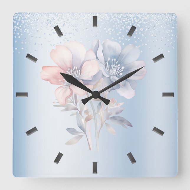 Blue Pink Flowers Wall Clock (Front)