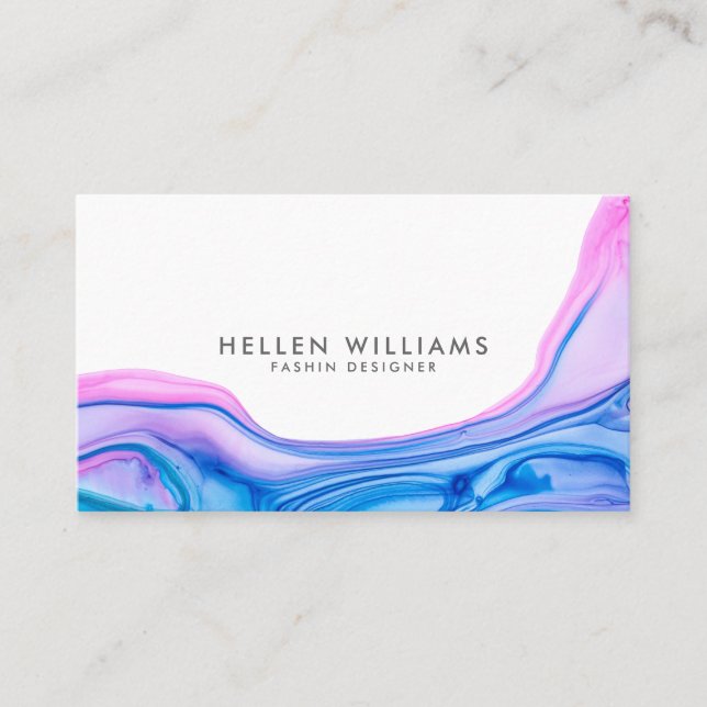 Blue & pink flowing geode ink design business card (Front)