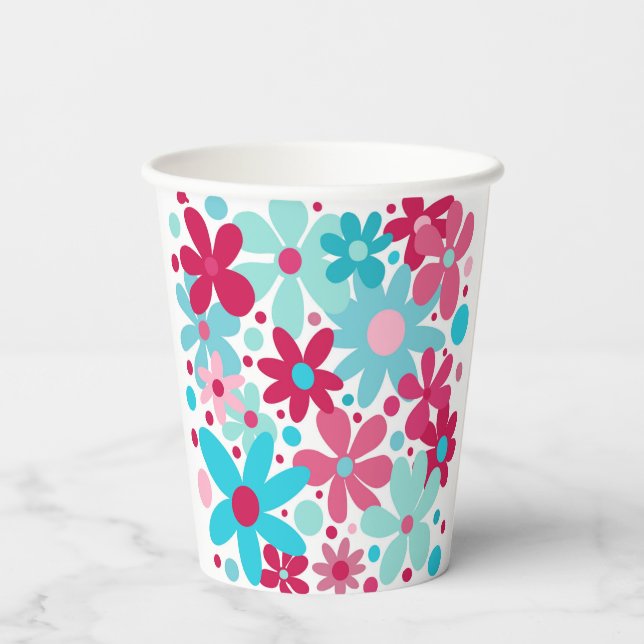 Blue & pink funky flowers  paper cups (Back)