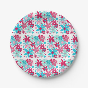 Blue & pink funky flowers  paper plate