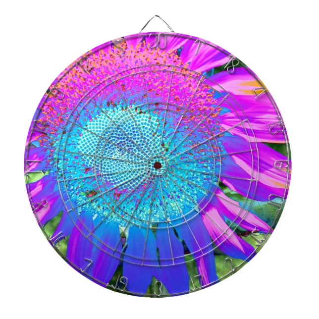 Blue pink funky retro sunflower photo dartboard (Front)