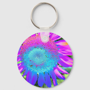 Blue pink funky retro sunflower photo key ring