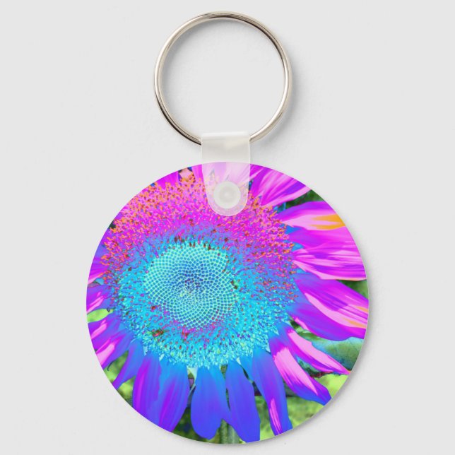 Blue pink funky retro sunflower photo key ring (Front)