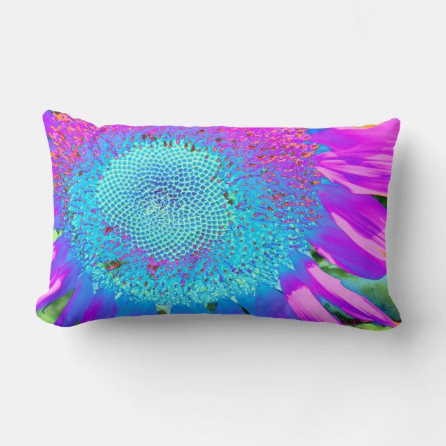 Blue pink funky retro sunflower photo lumbar cushion (Front)