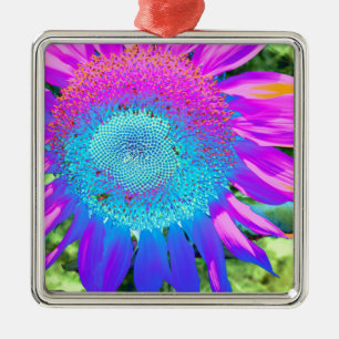 Blue pink funky retro sunflower photo metal tree decoration