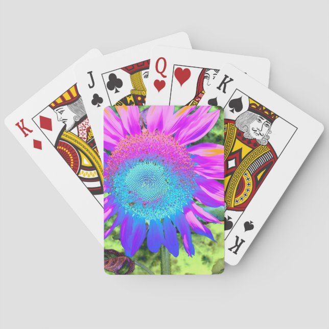 Blue pink funky retro sunflower photo playing cards (Back)