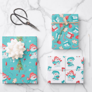 Blue Pink Funny Snowmen Pattern Kids Christmas Wrapping Paper Sheet