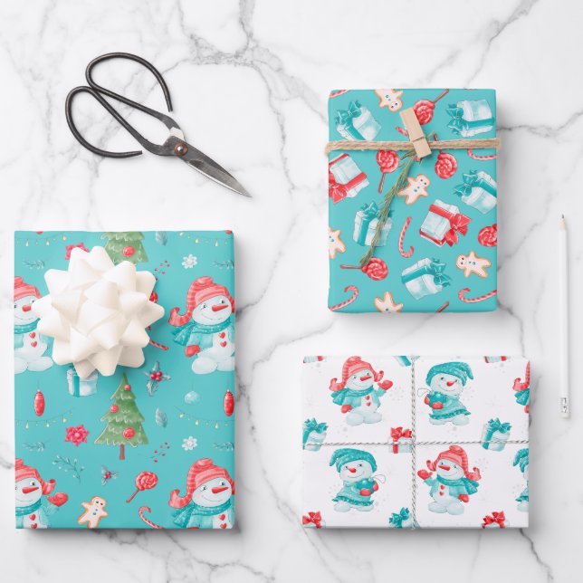 Blue Pink Funny Snowmen Pattern Kids Christmas Wrapping Paper Sheet (Front)