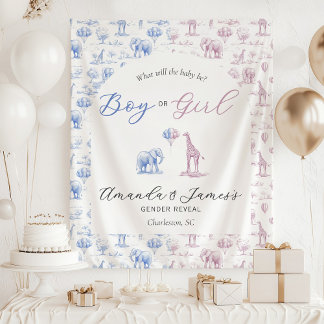 Blue Pink Gender Reveal Banner Safari Toile Tapestry