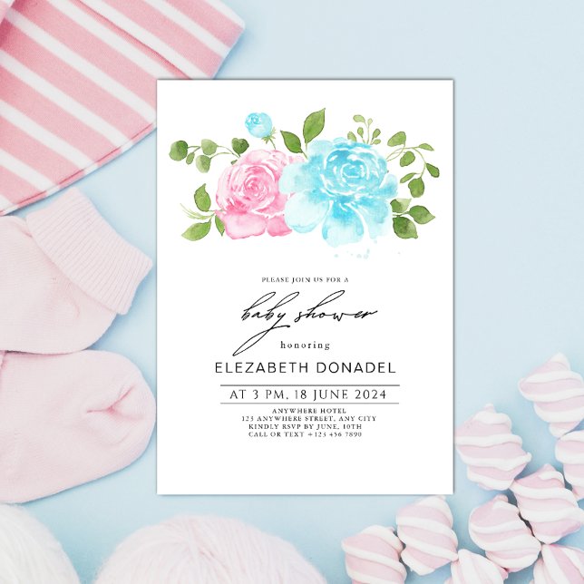 Blue Pink Gender Reveal Floral Bouquet Baby Shower Invitation (Creator Uploaded)