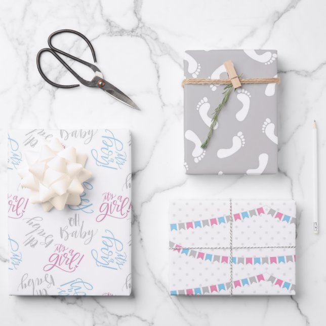 Blue Pink Gender Reveal Wrapping Paper Sheets (Front)